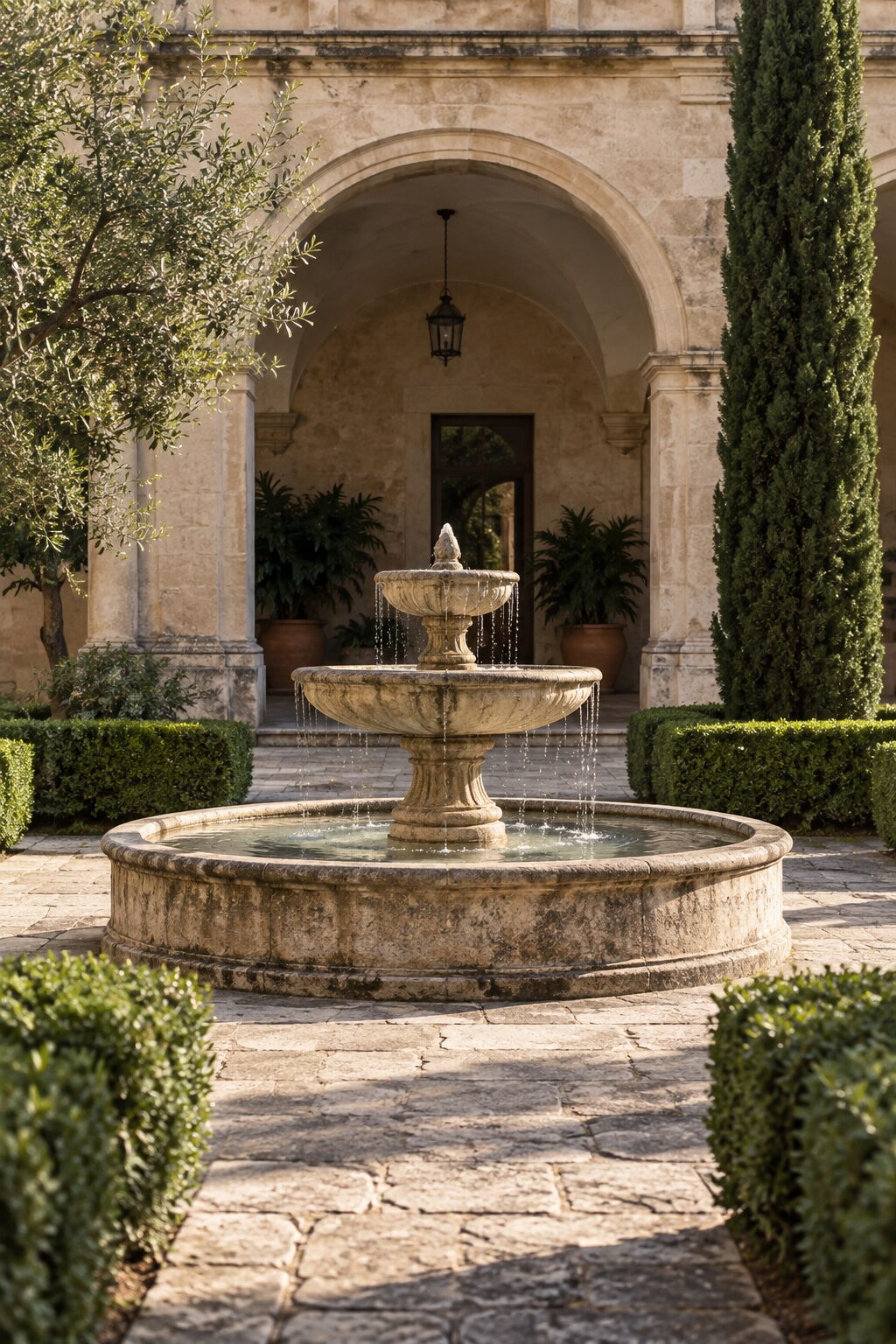 Jardín clásico con fuente de piedra y arco