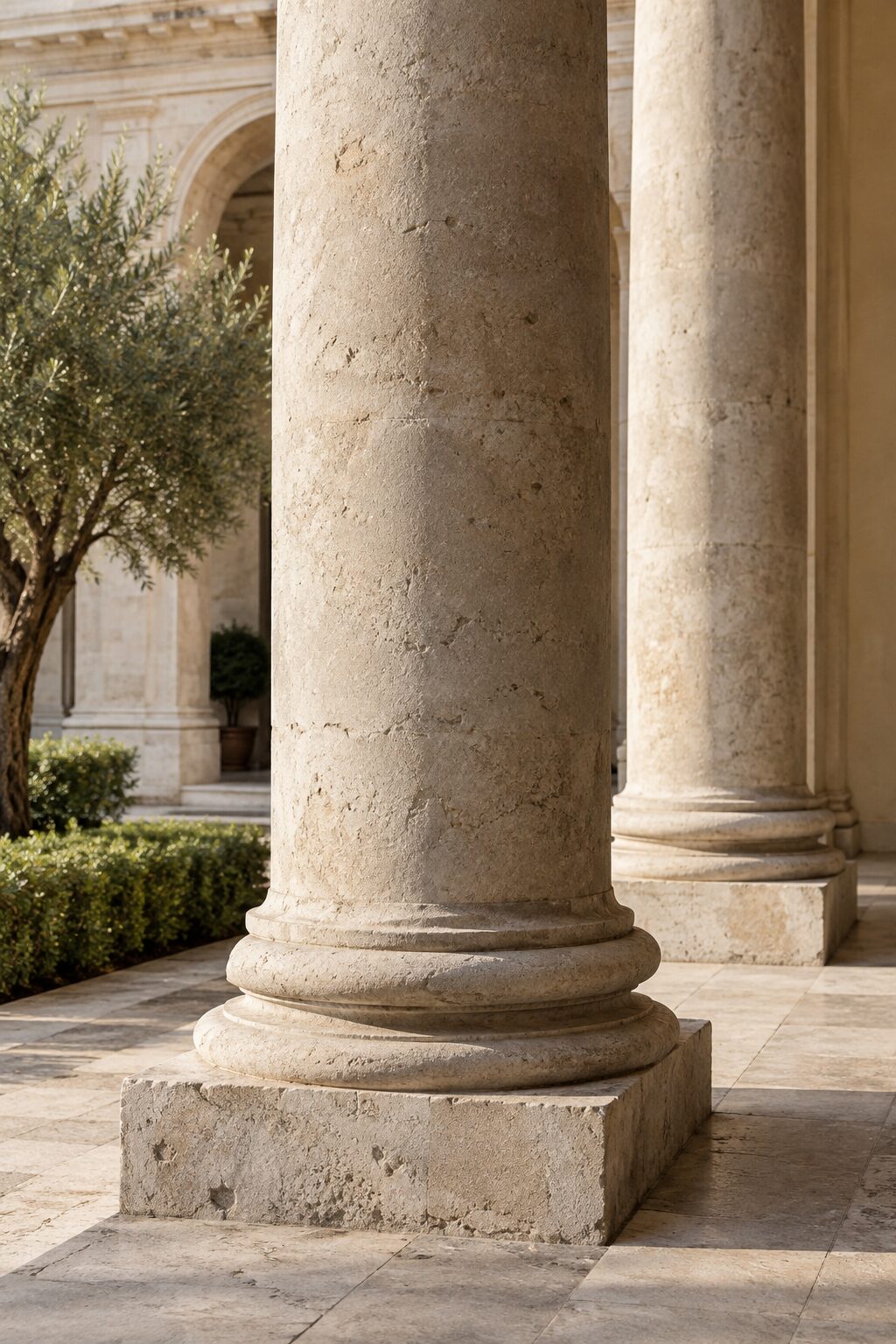 Columnas de piedra clara junto a un jardín
